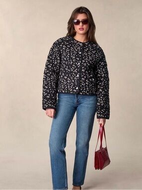 Rouje Jasperita Black Quilted Floral Puffer Jacket with Cream Blossoms